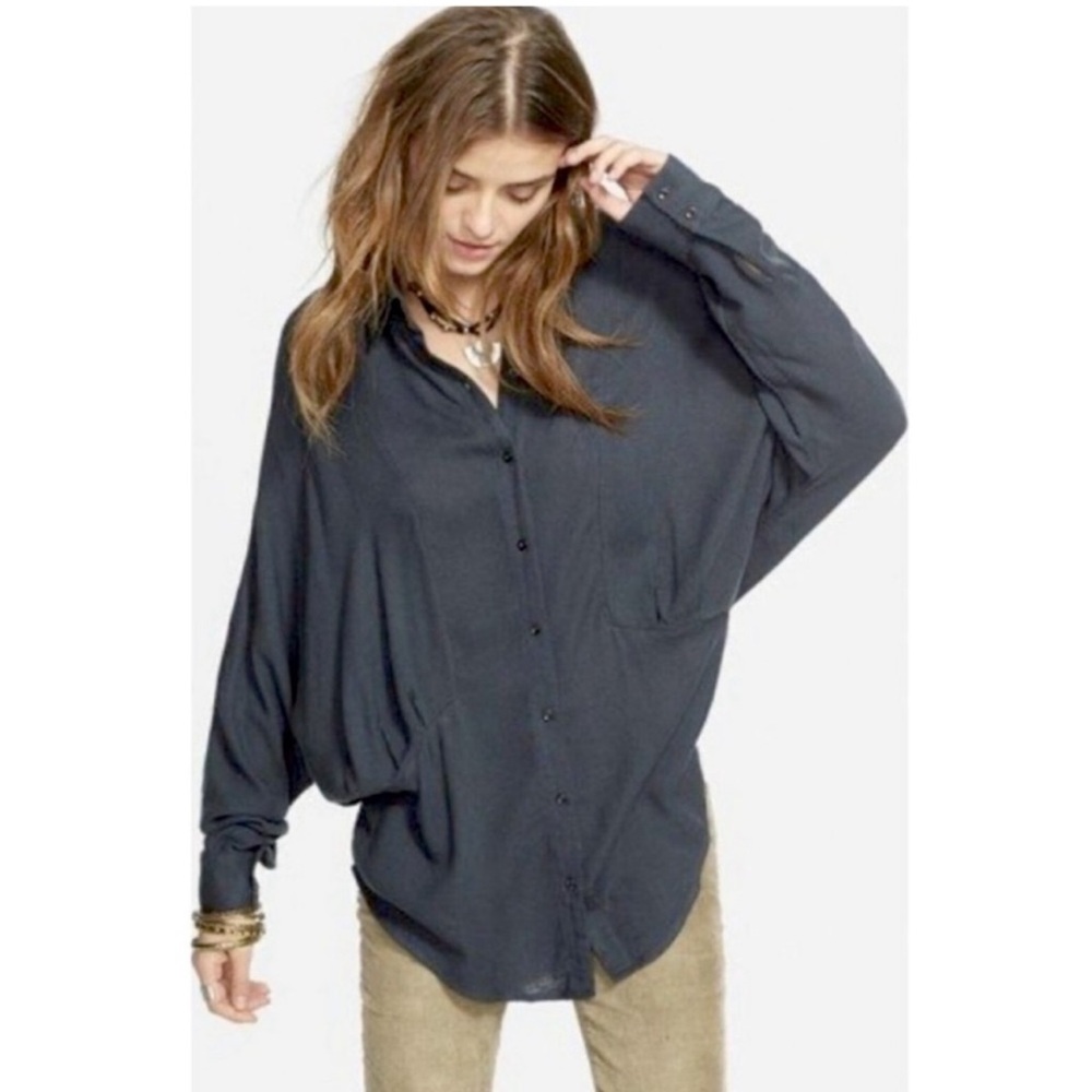 Free People Rayon Herringbone True Affection Buttondown Shirt Slate Grey XS